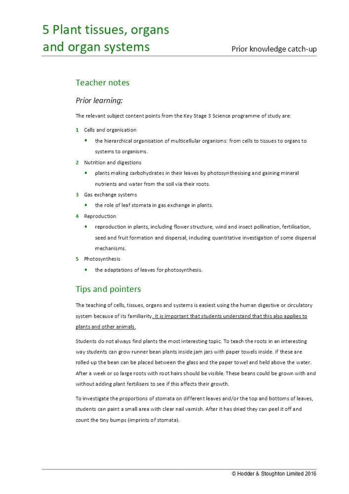 Prior knowledge catchup teacher sheet for Chapter 5 Plant tissues
